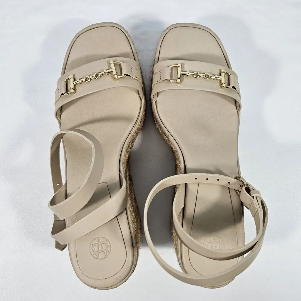 Massimo Dutti Spain Beige Leather Bit Platform Jute Wedge Sandals Sz 38 US 7.5